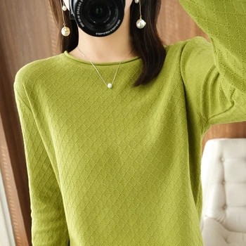 2023 Весенне-осенний новый женский свитер с круглым вырезом из 100% хлопка, свободный пуловер с низом, минималистичный, комфортный, элегантный