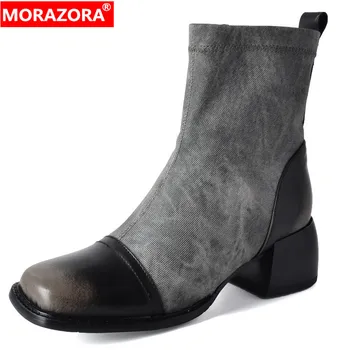 MORAZORA 2023, Новые разноцветные женские ботинки на платформе из натуральной кожи, Джинсовая Осенне-зимняя обувь на молнии, Женские ботильоны, обувь