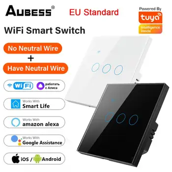 Tuya WiFi 1/2/3/4 Gang Smart Touch Switch Домашняя настенная кнопка стандарта ЕС, пульт дистанционного управления 