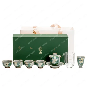 Борнеоловая Глазурь С чистым Ручным рисунком Xia He Cover Teacup Kung Fu Tea Set Подарочный Набор