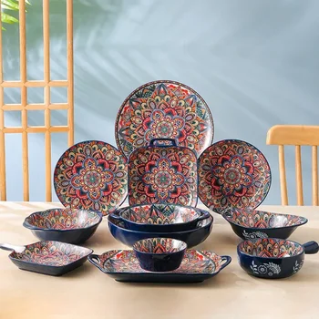Миски для посуды Керамическая посуда для еды Ретро Рисованная Керамическая посуда Рисовая тарелка Кухня Столовая Бар Главная