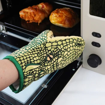 Перчатка для микроволновой печи с мультяшным животным, с рисунком Крокодила, Теплоизоляционные Утолщенные перчатки, Термостойкие рукавицы для приготовления барбекю и выпечки